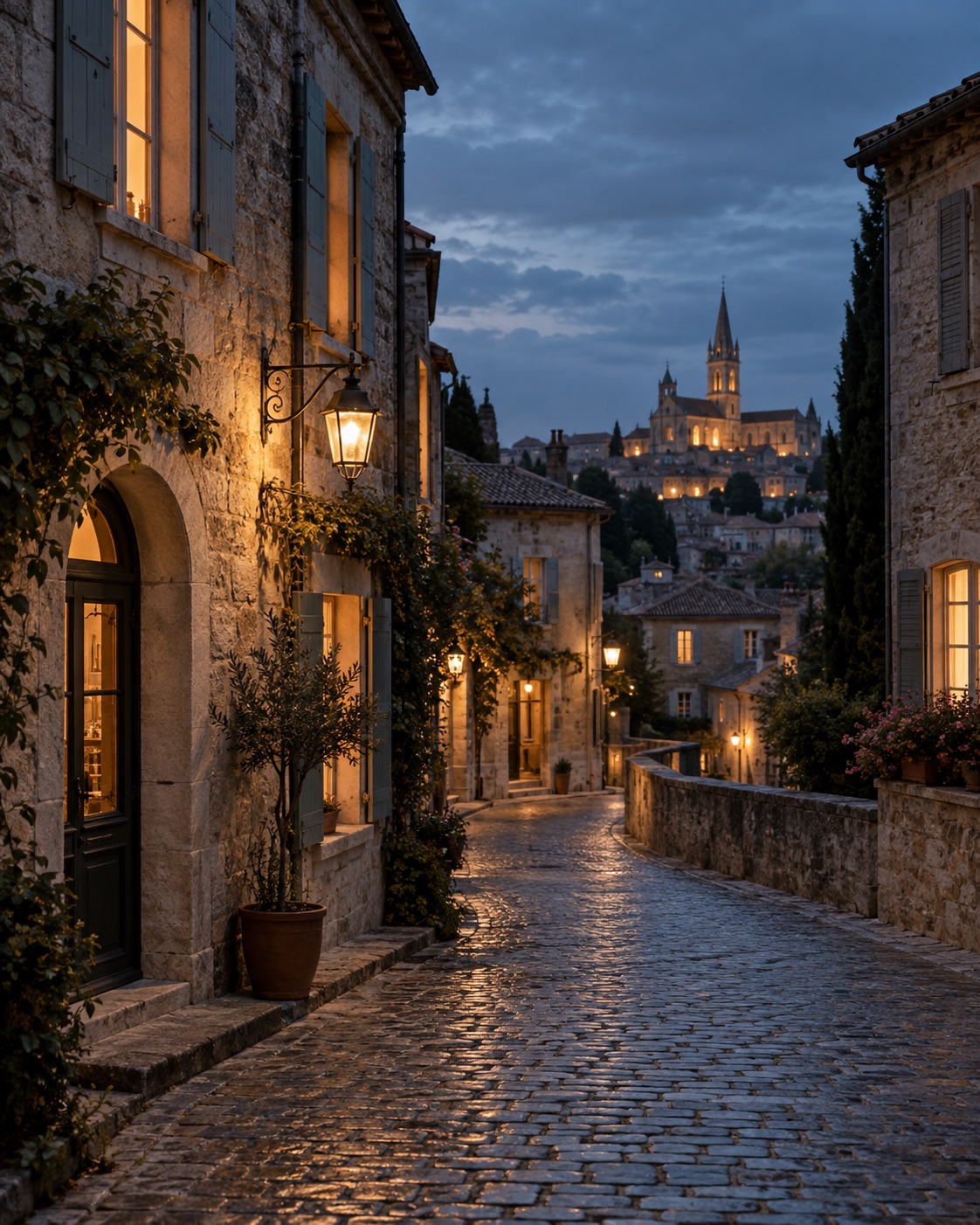 A quiet stone street at blue hour with warm window light